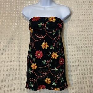 Urban Outfitters Tube Top Mini Dress Black Velvety with Embroidered Flowers